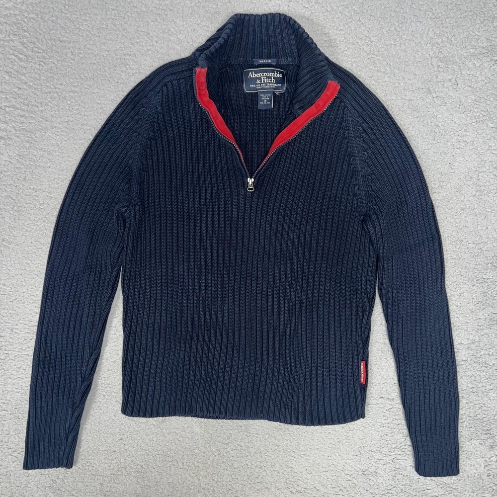 VTG Abercrombie & Fitch Muscle Sweater Men Sz M Blue Red Trim Ribbed 1/4 Zip Y2k